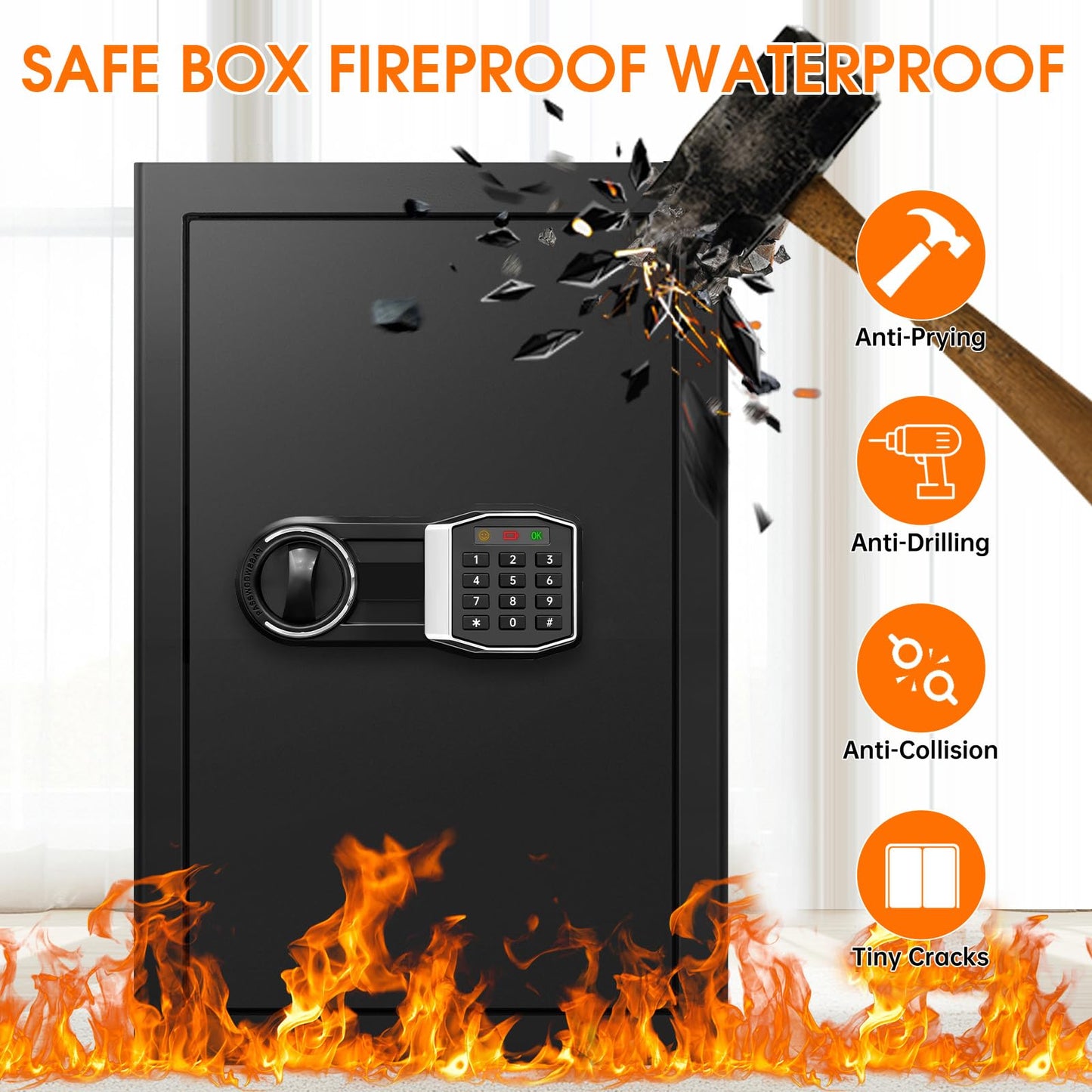 3.4 Cub Large Safes for Home, Security Fire Safe Box with Spare Keys, Alarm System, Digital Keypad and Removable Shelf, Anti-Theft Fireproof and Waterproof Safe Home for Document Medicine Valuables