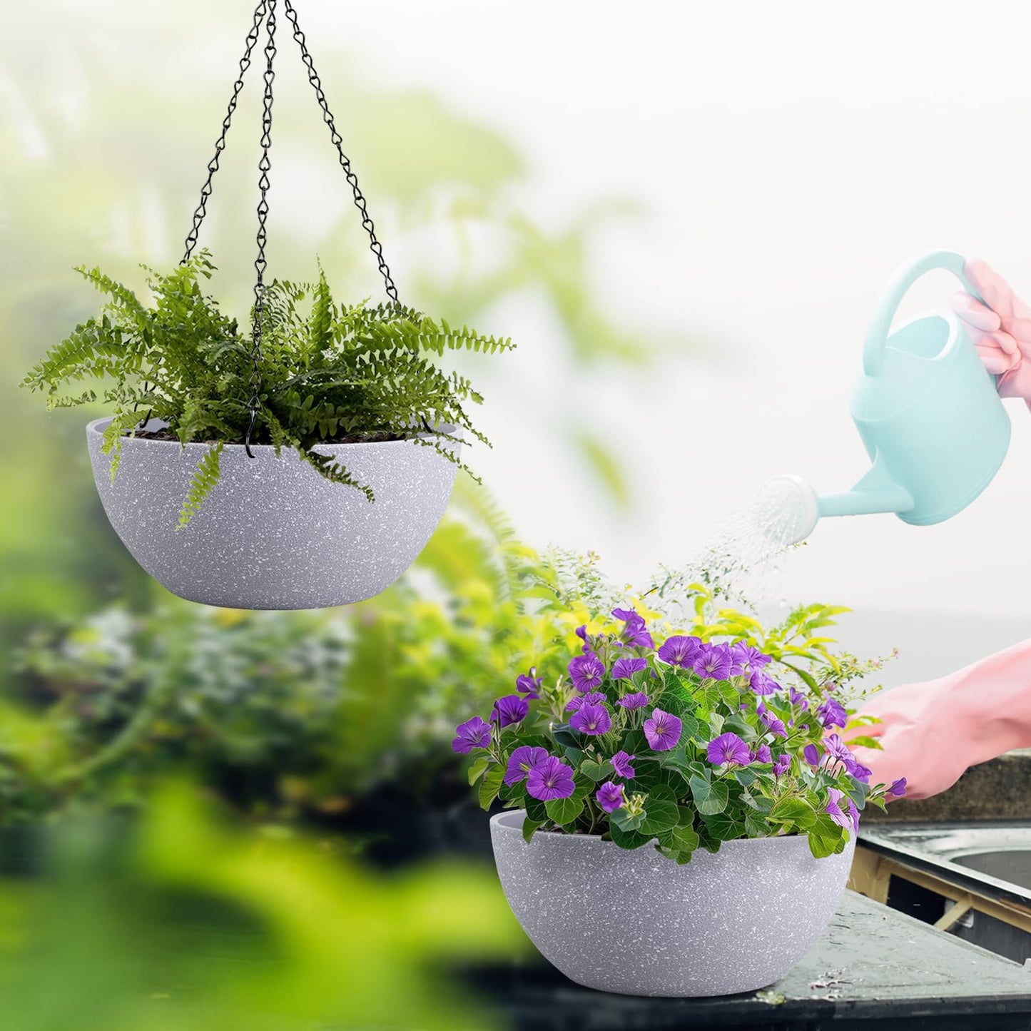 WSMKSZ 13 inch Large Hanging Planters Plant Pots for Outdoor Indoor Plants with Drainage Holes and Chain, 2 Pack Round Hanging Flower Pots for Garden Home Porch Decor, Speckled Grey