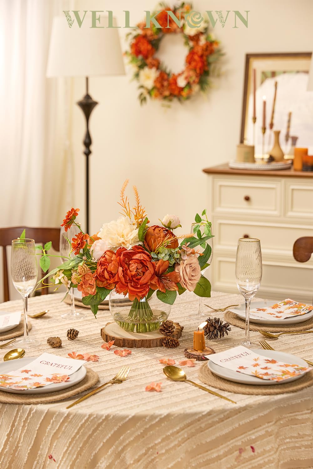 Artificial Flowers in Vase, WELL KNOWN Silk Rose Peony Flower Bouquet Table Centerpieces with Faux Water for Fall Home, Fake Flower Arrangement for Seasonal Party Decor (Burnt Orange & Champagne Plus)