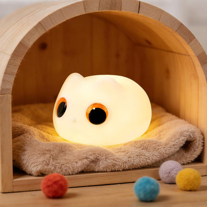 Squishy Cat Night Light 2 Brightness Adjustable Cute Big Eyes Kitty Light with 20mins Timer Nursery Breastfeeding Nightlight Rechargeable Silicone Touch Bedside Animal Lamp for Home Bedroom Dorm Decor