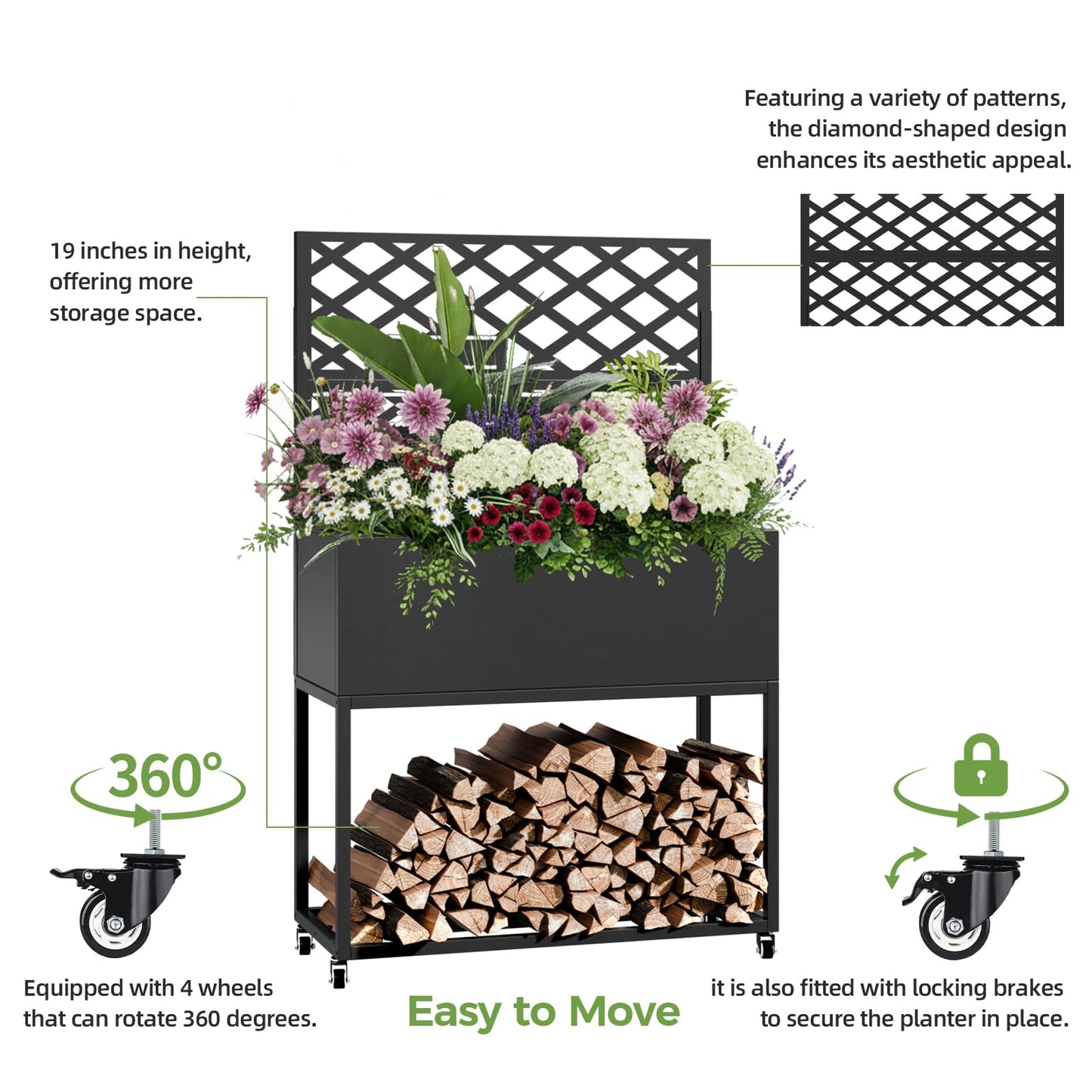 Metal Planter Box with Trellis, 3 in 1 Raised Garden Bed with Trelli & Firewood Rack, Privacy Planter Screen for Climbing Plants, Vine, Outdoor Garden Standing Beds with Drainage Holes, Wheels,Black