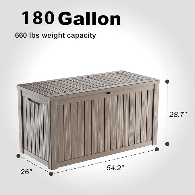 180 Gallon Outdoor Storage Box, Large Resin Deck Box for Patio Furniture Cushion Garden Tools, Waterproof and Lockable Design(Gray)