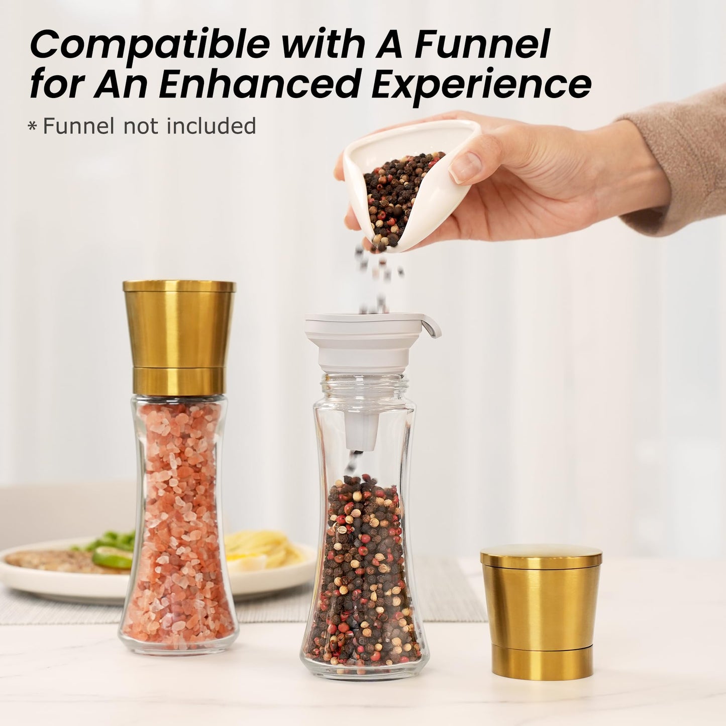 VEVOK CHEF Gold Salt and Pepper Grinder Mill Set Stainless Steel Pepper Shaker Adjustable Ceramic Coarseness Salt Grinder Black Pepper Spice Grinder Mill