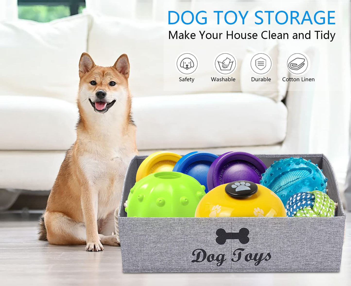 Morezi Large Dog Toy Bin - Shallow Toy Baskets for Living Room, Playroom, Closet & Home Organization - Snow Grey