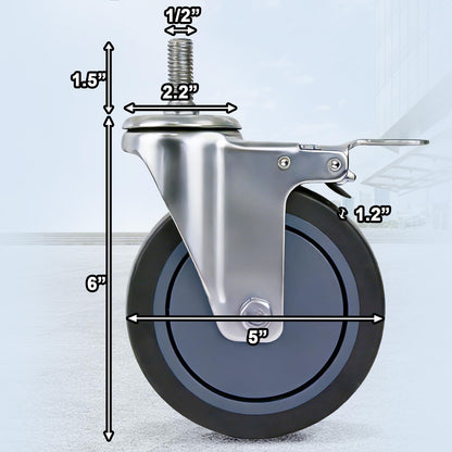 AAGUT 5 Inch Locking Swivel Casters 1/2"-13 x 1.5 Threaded Stem Wheels with Brake Grey TPR Rubber Wheel Set of 4