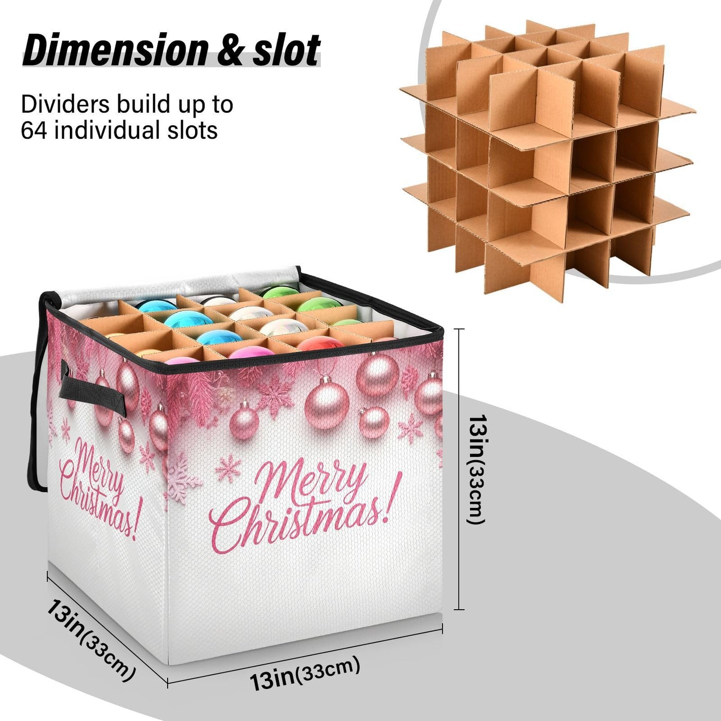 Gravopti Merry Christmas Pink Christmas Ornament Storage Box with Dividers, Holds up to 64-3" Holiday Ornaments, Collapsible Xmas Decoration Container with Lid & Handles, 13x13 Inch