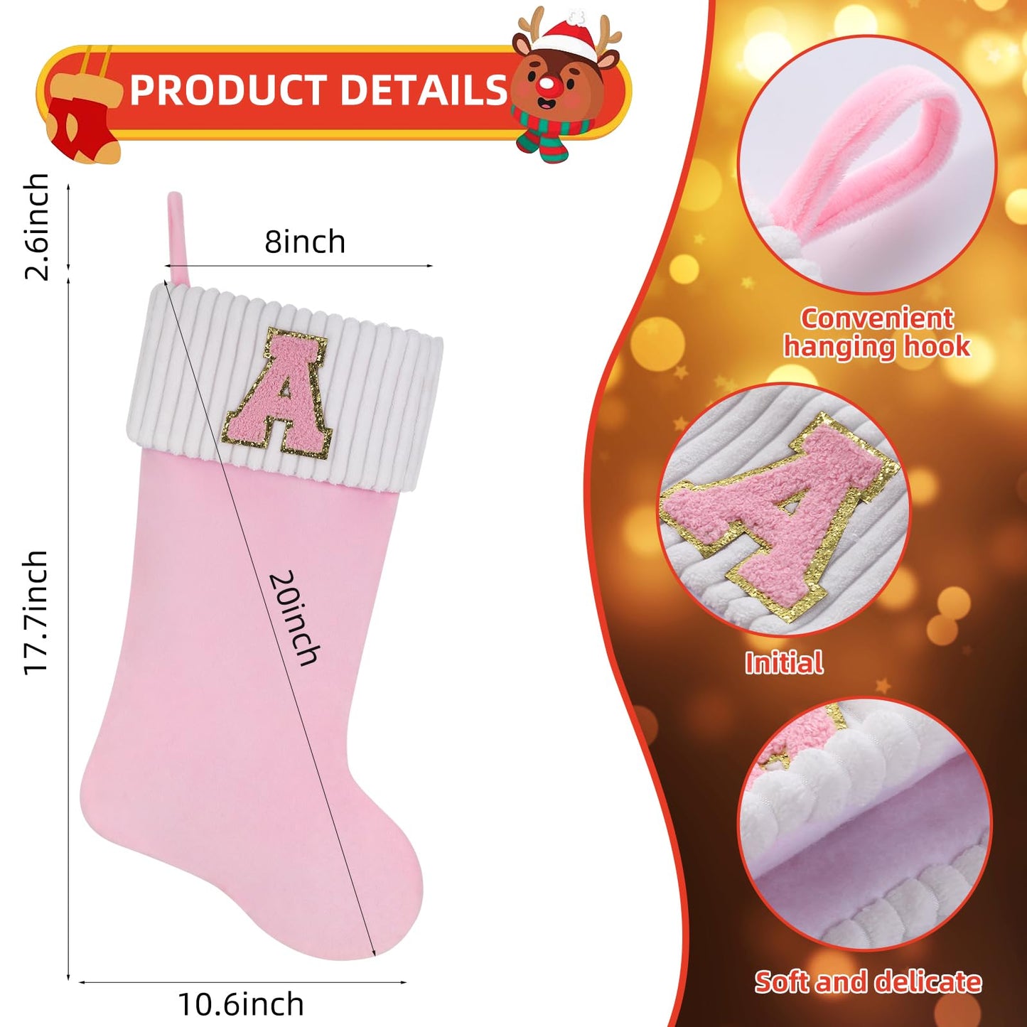 Shgngle 20 Inches Letter Embroidered Christmas Stocking,Personalized Pink Velvet Christmas Stocking,Family Holiday Decorations and Xmas Gift(A)