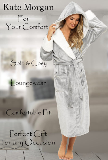 KATE MORGAN Ladies Dressing Gown Fluffy Super Soft Hooded Bathrobe for Women Plush Fleece Perfect Loungewear Long Robe | Gifts for Women 16-18 Grey Shimmer