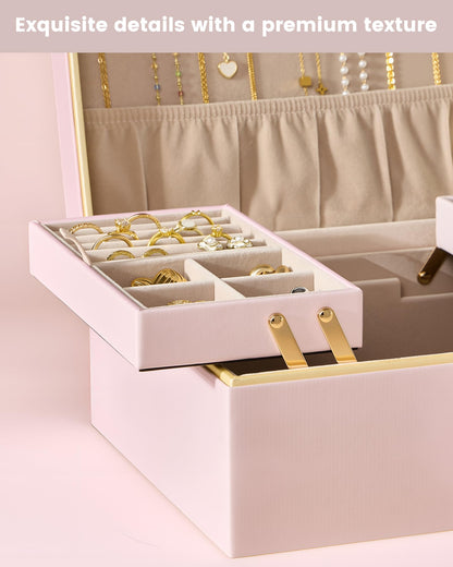 Lolalet Jewelry Box Organizer for Women Girls, 2 Layer Jewelry Organizers and Storage for Necklace Earrings Rings Bracelets, Large Jewellery Holder Case Birthday Valentine Gifts -Pink