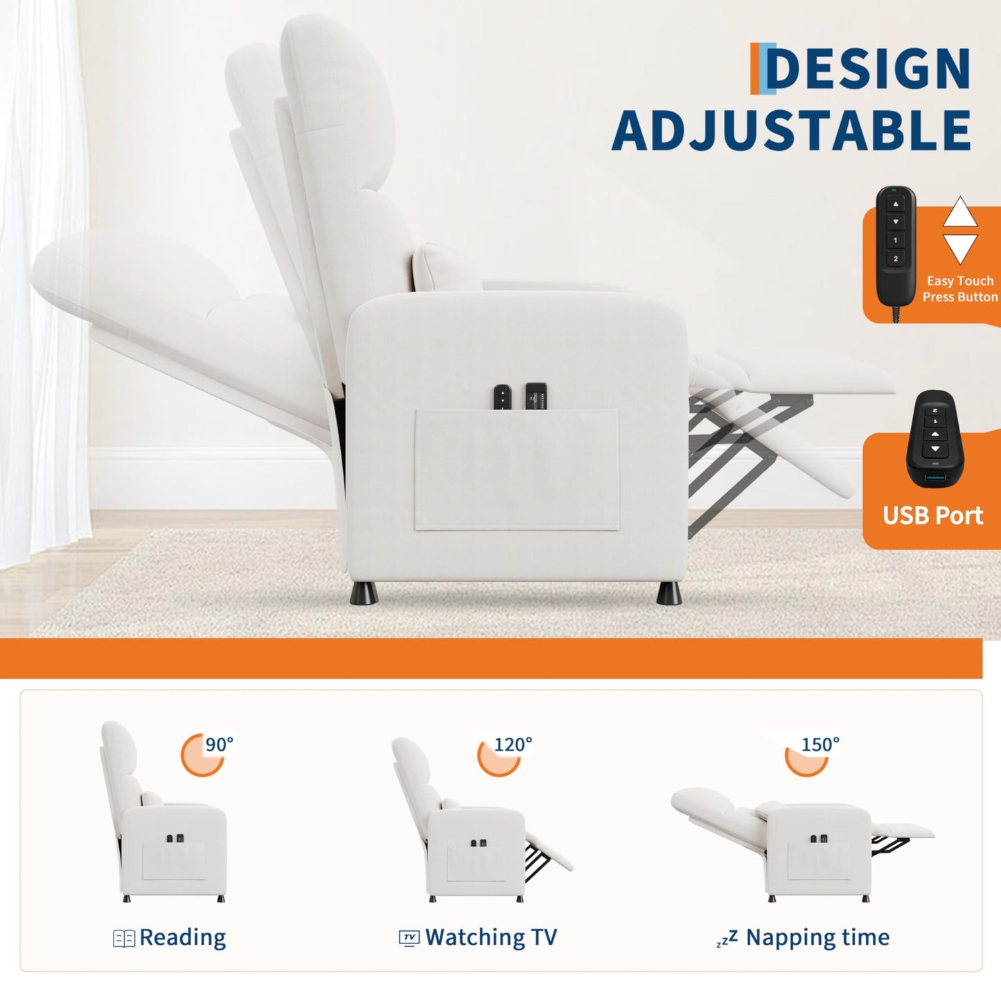 Power Recliner Chair, Adjustable Electric Reclining Chair for Adults, Overstuffed Tall Back Sofa with Padded Seat, 2 Side Pockets & USB Port, Home Theater Seating for Living Room - White