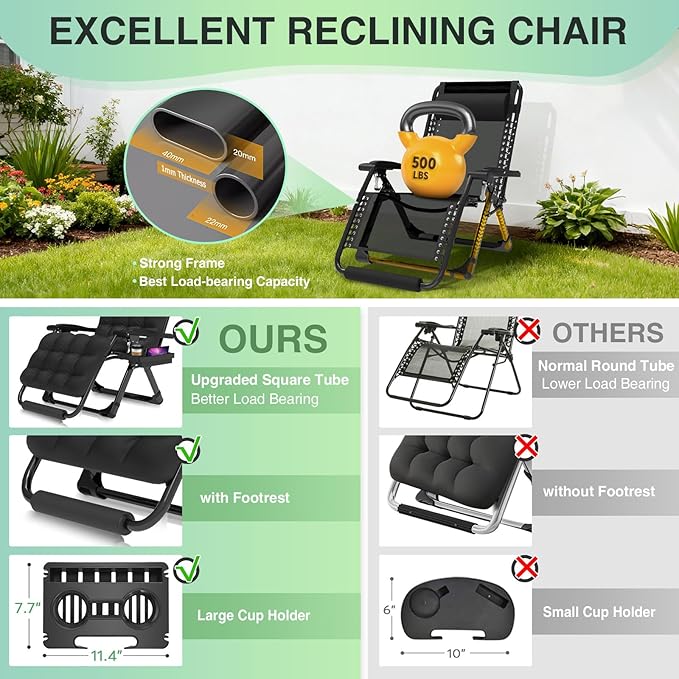 Suteck Oversized Zero Gravity Chair,29In XL Lounge Chair w/Removable Cushion&Headrest, Reclining Camping Chair w/Upgraded Lock and Footrest, Reclining Patio Chairs Recliner for Indoor Outdoor