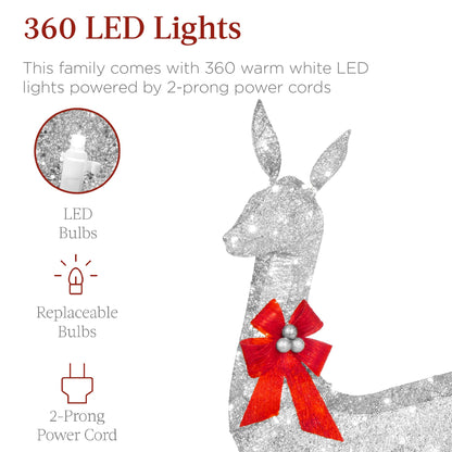 Best Choice Products 3-Piece Large Lighted Christmas Deer Family Set 5Ft Outdoor Yard Decoration with 360 LED Lights, Stakes, Zip Ties - Silver