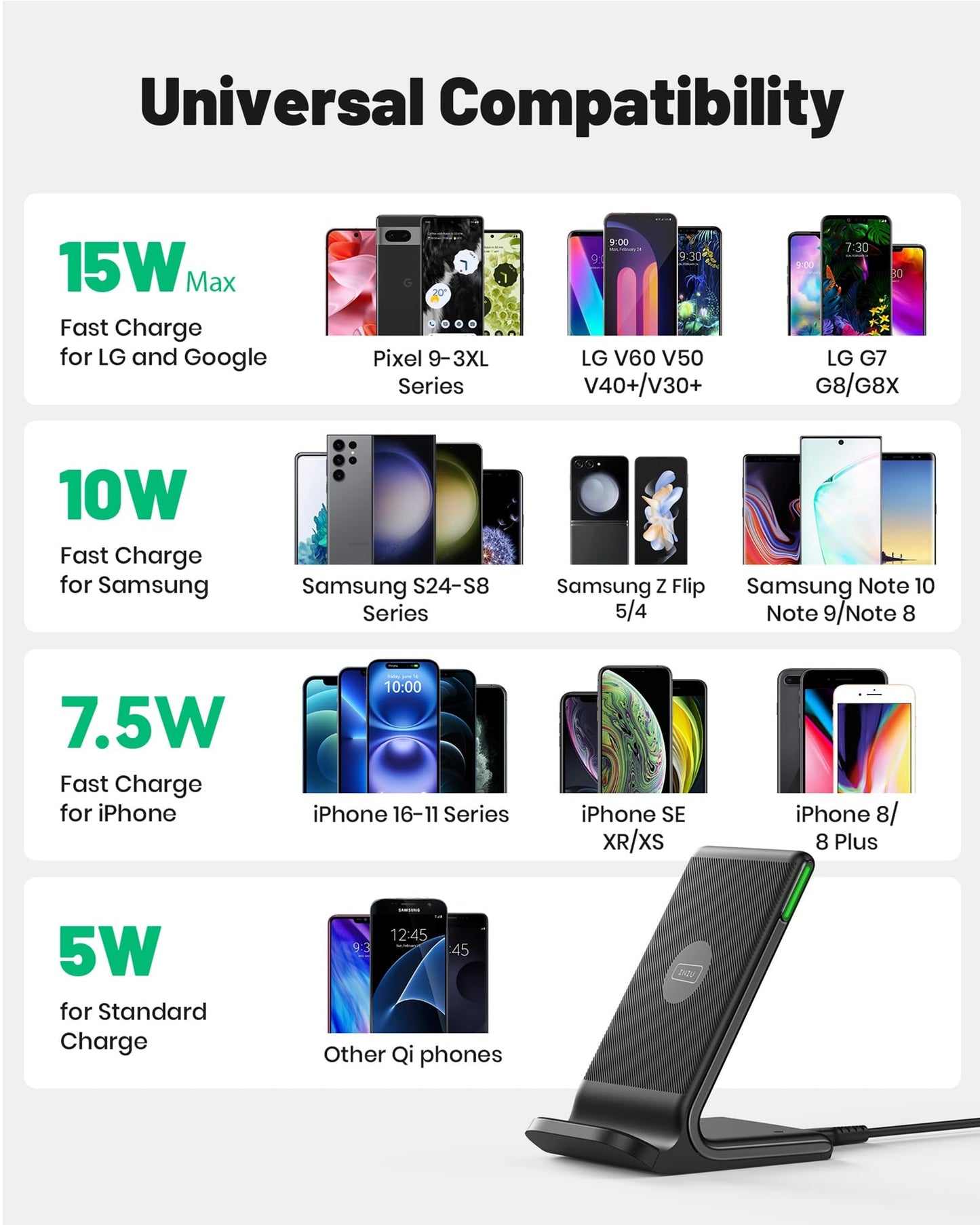 INIU Wireless Charger Stand, 15W Qi Fast Charging Dock Phone Charger, Adaptive LED Wireless Charging Station for iPhone 17 16 15 14 13 12 11 9 8 XR, Samsung S23 S22 S21, LG V40 G8, Pixel 8 7 6 etc.