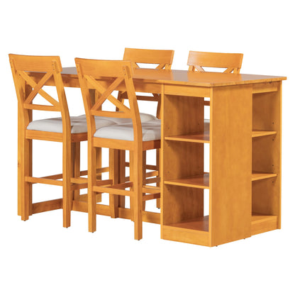 Merax 5 Piece Solid Wood Farmhouse Counter Height Dining Table Set with 3-Tier Storage Shelves,Upholstered Cross-Back Dining Chairs for 4,Rustic Dining Furniture for Kitchen,Dining Room,Brown