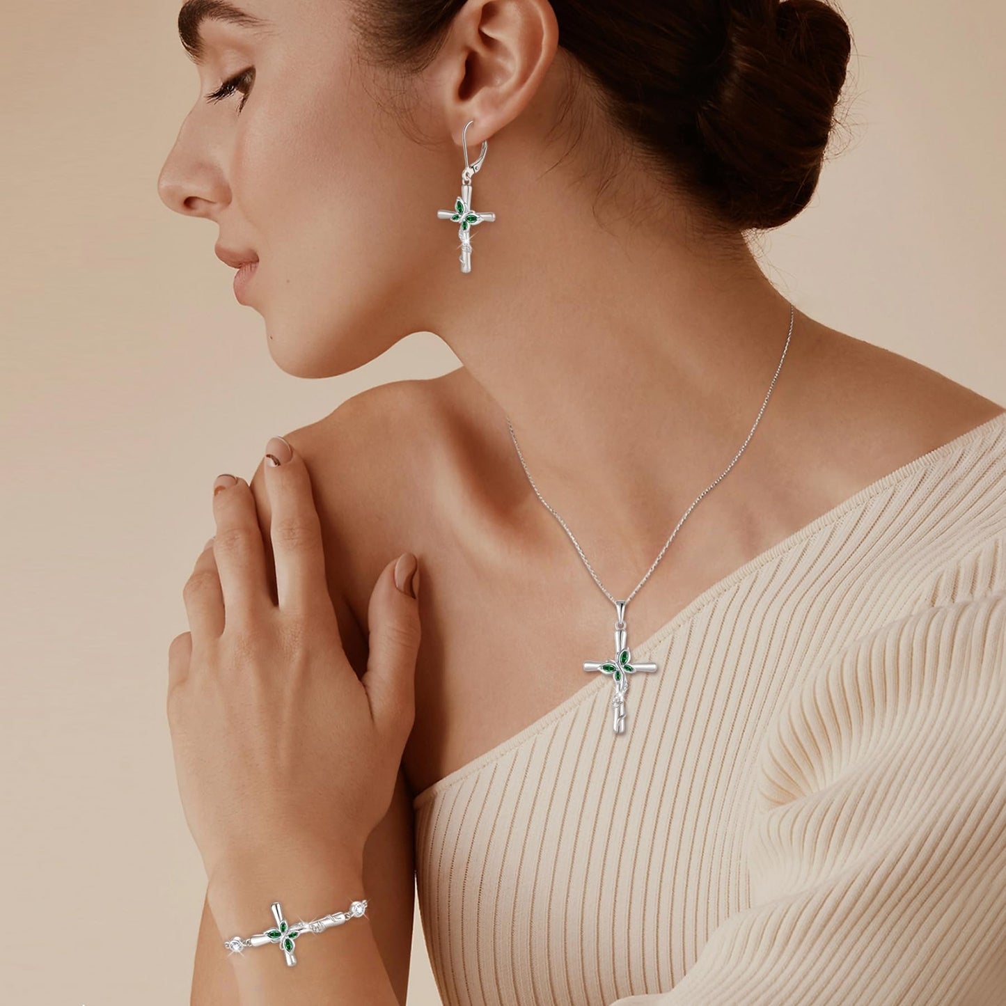 Blaniy Cross Necklace for Women 925 Sterling Silver Butterfly Necklace Emerald Pendant Necklaces May Birthstone Jewelry Gifts for Women