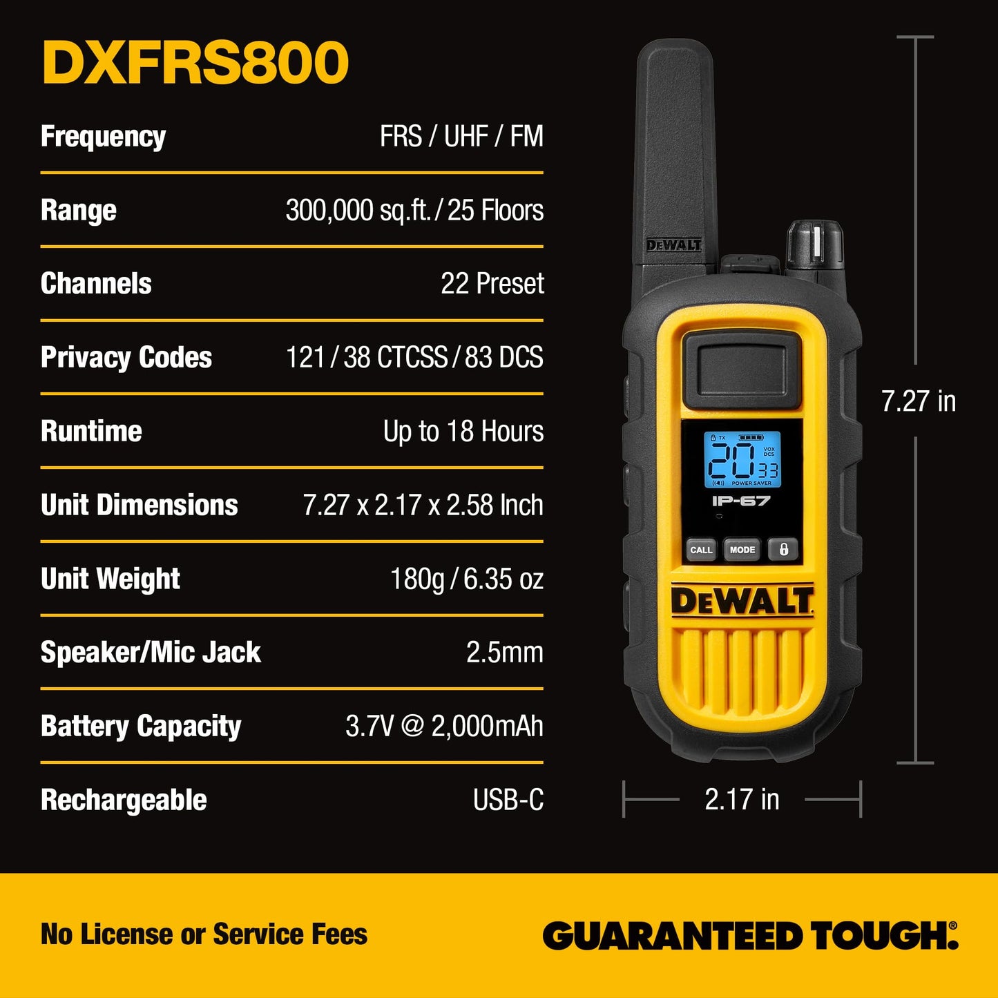 DEWALT DXFRS800 FRS Walkie Talkies Long Range 2 Way Radio, 2 Watt, Waterproof & Rechargeable, 2 Pack