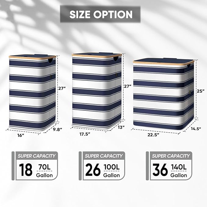 BALEINE Laundry Hamper with Lid, Tall Laundry Baskets with Bamboo Pull Handles