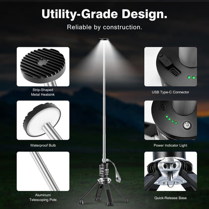 MTRVR Premium Telescopic Camping Lantern – 20000mAh Rechargeable LED Outdoor Light, IP44 Water-Resistant, Aluminum Telescopic Pole & Foldable Tripod – 21H Long-Lasting Emergency, RV & Camping Lighting