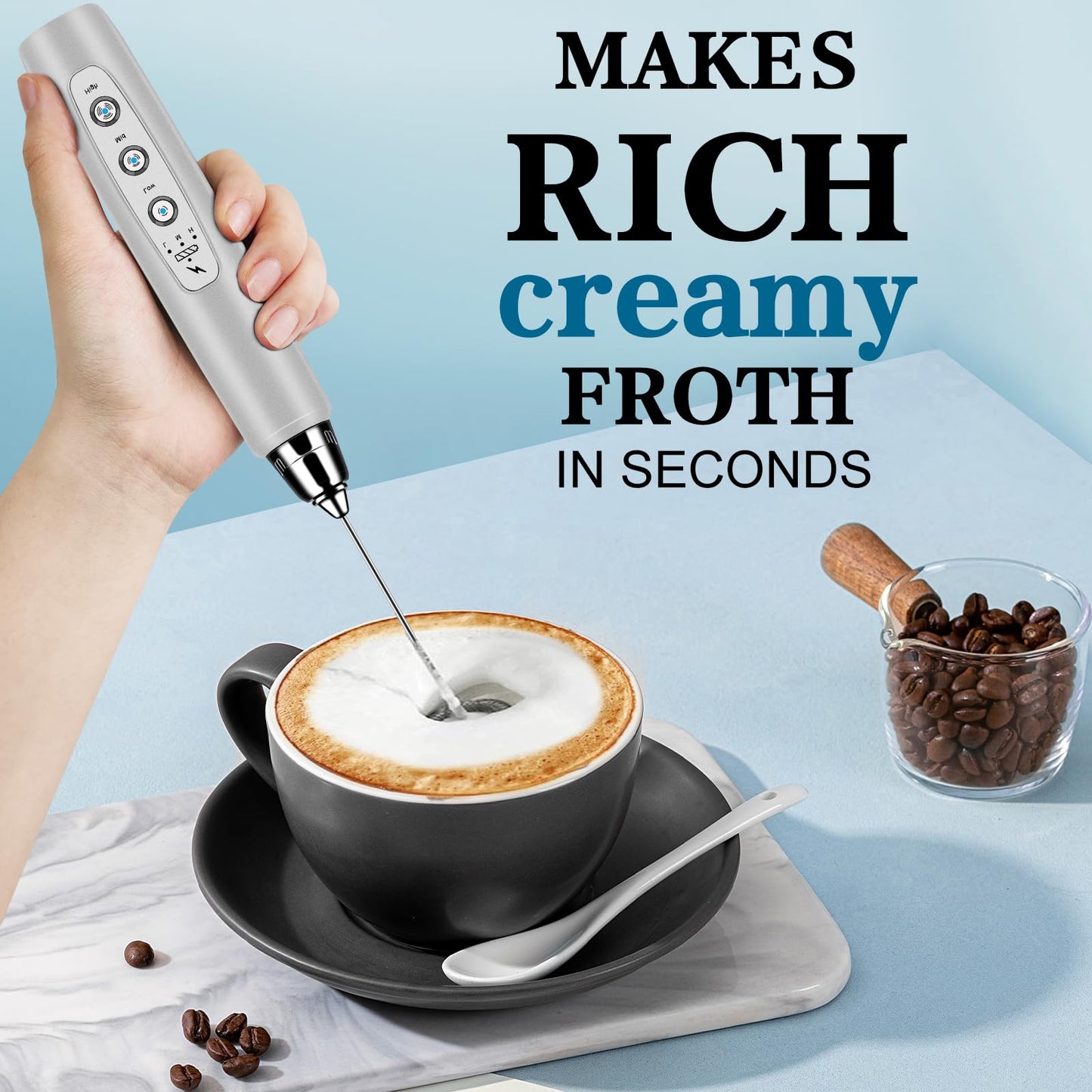 Milk Frother Handheld for Coffee, Electric Whisk 3 Speed Adjustable, Drink Mixer with Stainless 3 Whisks, Rechargeable Hand Frother Wand, Foam Maker for Latte Cappuccino Matcha Egg Silver