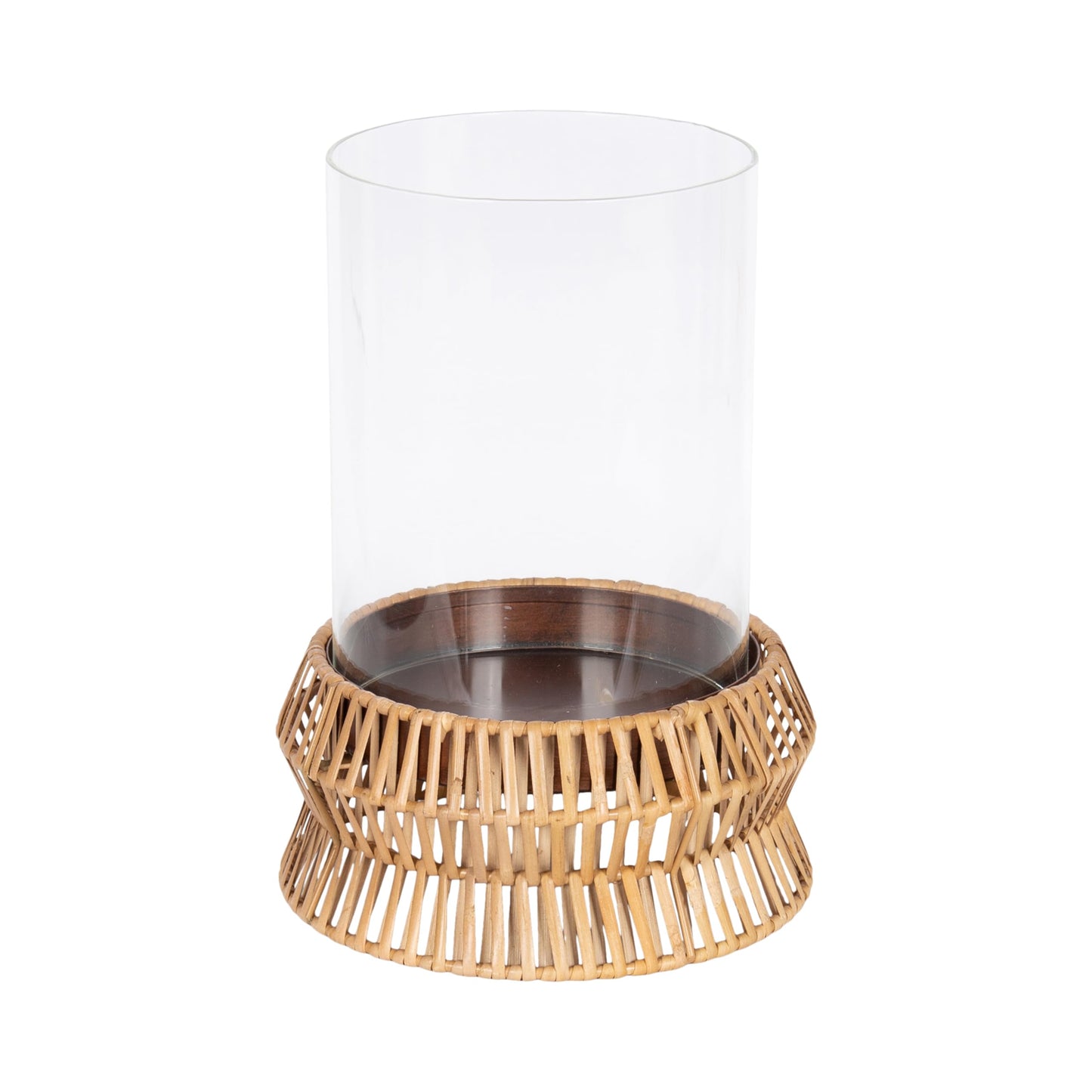 Kate and Laurel Rashana Modern Boho Rattan Pillar Candle Holder, 8 x 8 x 11, Natural, Coastal Hurricane Candle Holder with Glass Cylinder for Living Room Decor