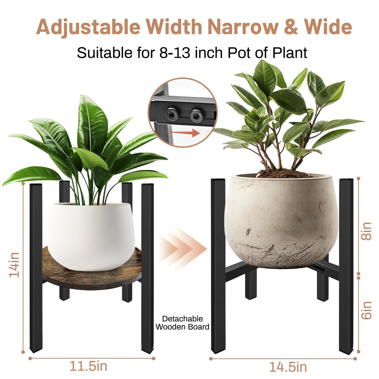 Uniqcovosa Adjustable Plant Stand, Mid Century Modern Indoor Plants Stands - Fits 8 to 13 Inches Pots - Stable Wood Single Small Plant Stool for Living Room