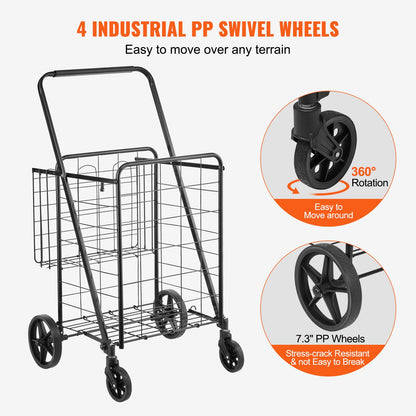 VEVOR Folding Shopping Cart, Jumbo Grocery Utility Cart with Double Baskets, 360° Swivel Wheels, 110 LBS Large Capacity Heavy Duty for Laundry, Shopping, Grocery, Luggage, Black