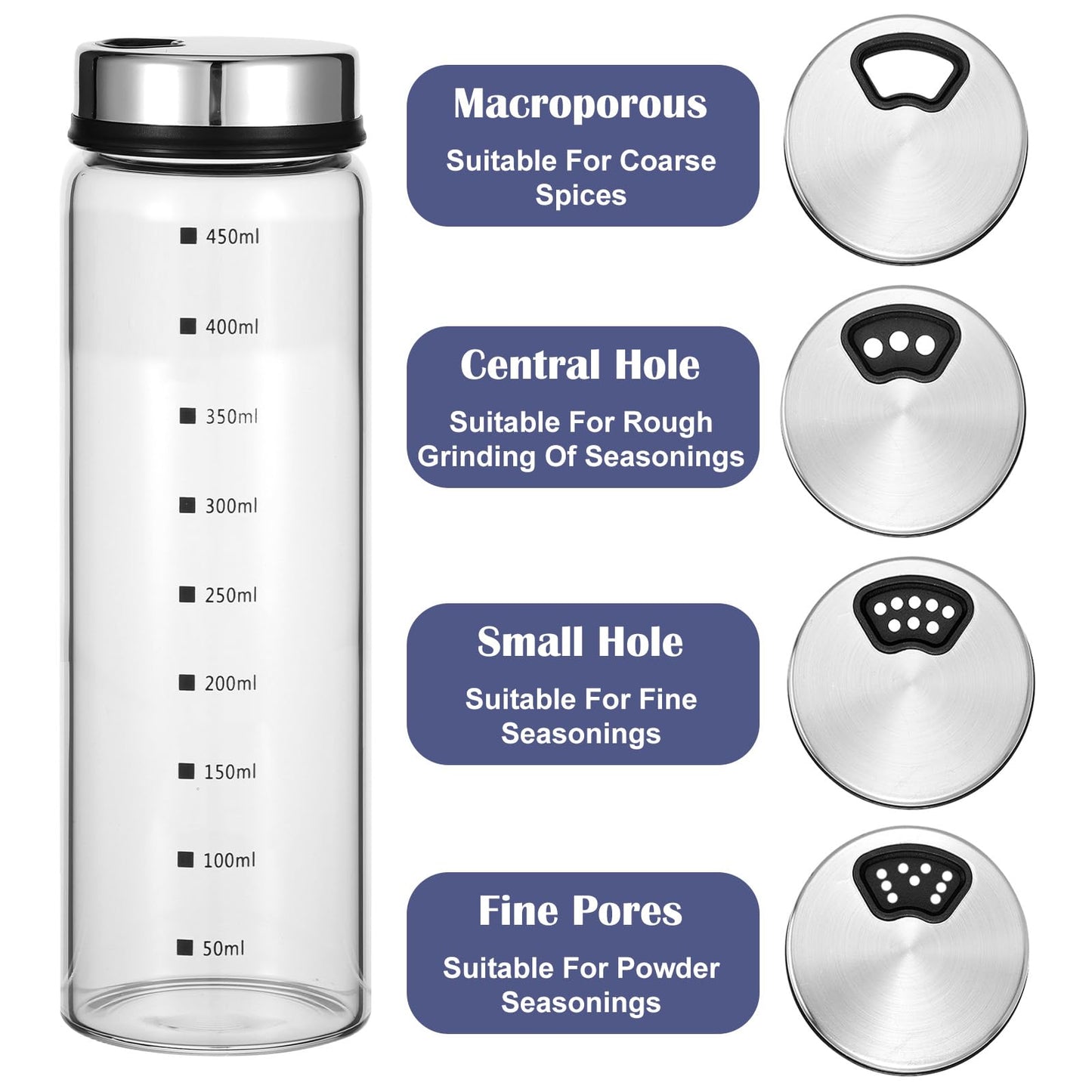 Kifmurase 4Pcs Salt Pepper Shakers with Adjustable Outlet Holes, 4 Sizes Clear Glass Shaker Bottles, Salt Shakers for Kitchen, Spice Seasoning Cans for Kitchen Decor Home Restaurant BBQ Camping
