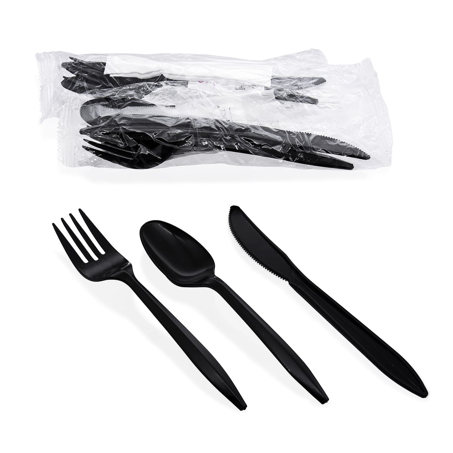 Party Essentials Individually Wrapped Plastic Cutlery Kits/Silverware Packets, 250 Sets, Black Fork/Spoon/Knife/Napkin/Salt/Pepper