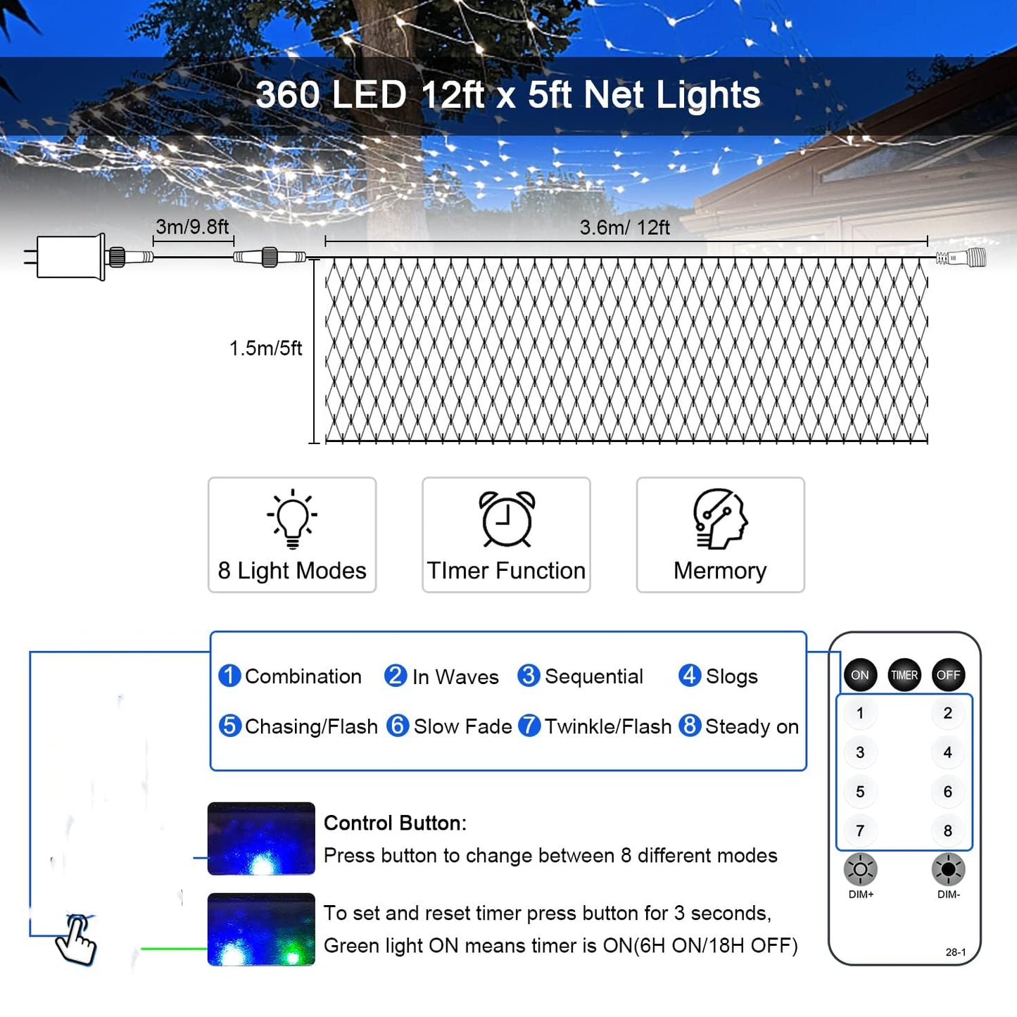 JMEXSUSS Outdoor Net Lights Waterproof, 12ft x 5ft with 8 Modes Remoter, 360 LED Plug in Net Lights for for Bush Patio Christmas Tree Decor (Clear Wire, White)