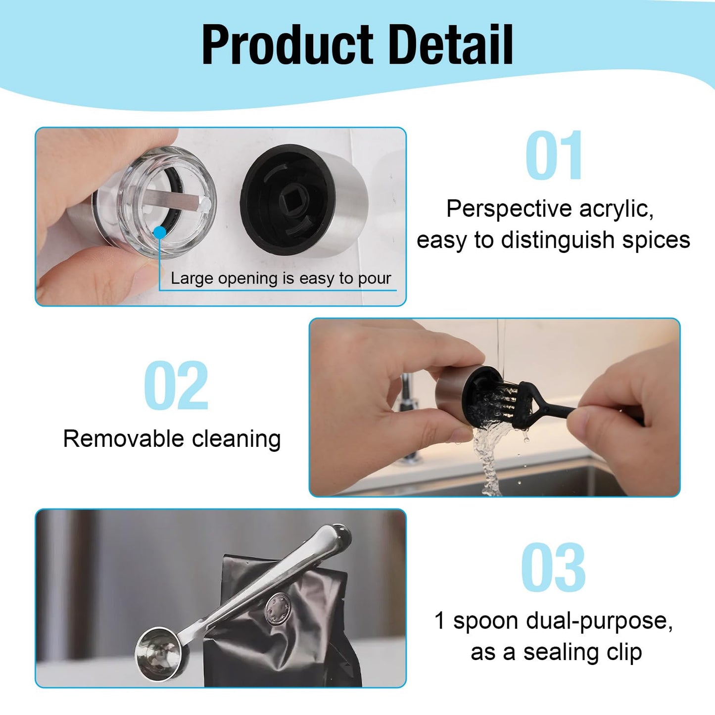 WRENYZK 4pcs Mini Salt and Pepper Grinder Set, Portable Travel Salt and Pepper Sets with Scoop of Bag Clip and Cleaning Brush, Refillable Spice Mill Stainless Steel Grinder for Home Kitchen BBQ