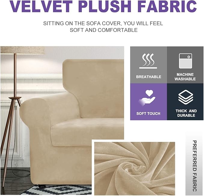 ZNSAYOTX Oversized Velvet Couch Cover 4 Piece Stretch Sofa Covers