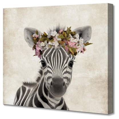 Framed Baby Nursery Wall Art Decor Cute Zebra with Garland Pictures Painting Retro Zebra Portrait Artwork Cute Safari Animals Prints for Kids Playroom Decoration Gifts for Boys Girls 12x12inch