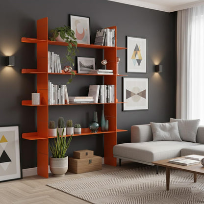 AxureM Modern 4-Tier Floating Wall Shelf, Heavy Duty Metal Bookcase, Decorative Wall Mounted Metal Shelf for Living Room, Bedroom & Office – Designer Home Decor (Orange)