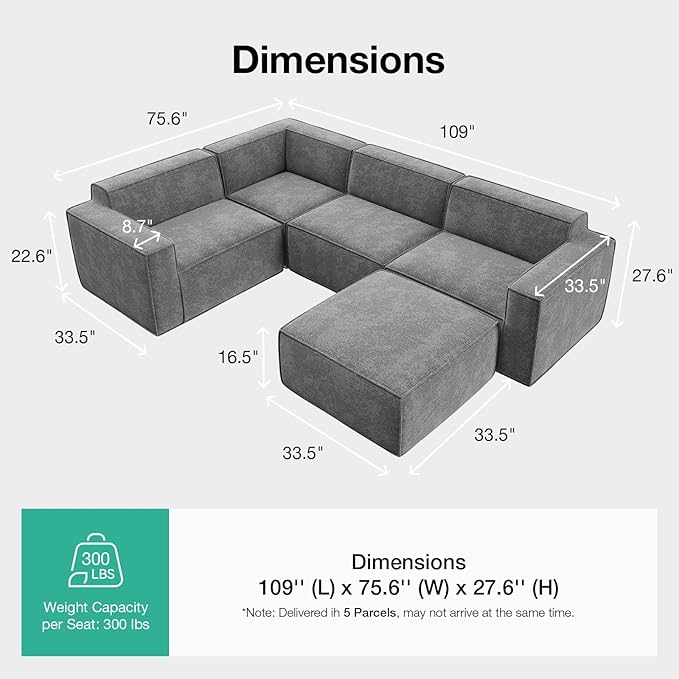 Novilla 109" Modular Sectional Sofa, No Assembly Cloud Sectional Couch