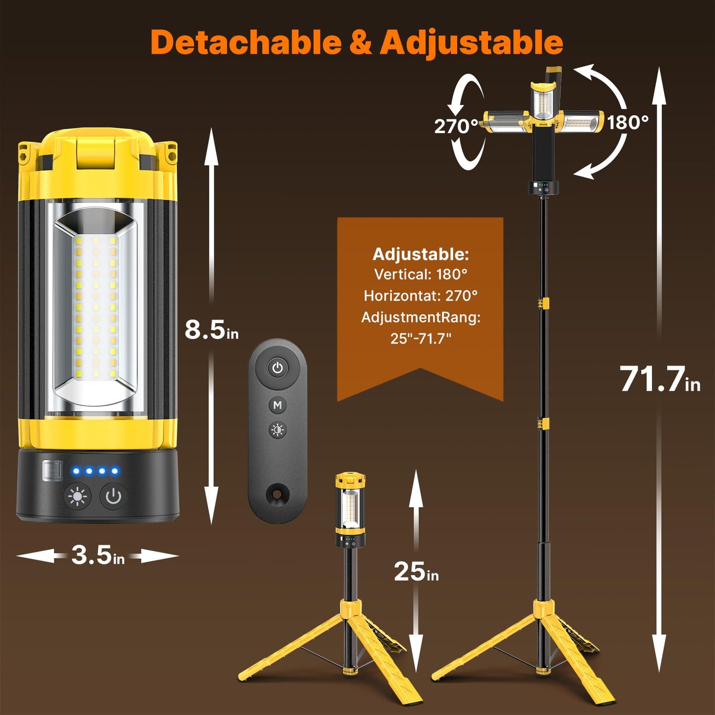 OGERY Camping Lights with Remote, 18000mAh Rechargeable Camping Lantern & LED Work Light, Detachable Tripod Stand up to 6.0 ft, 3 Lamp Heads for Camping Essentials & Emergency, Yellow