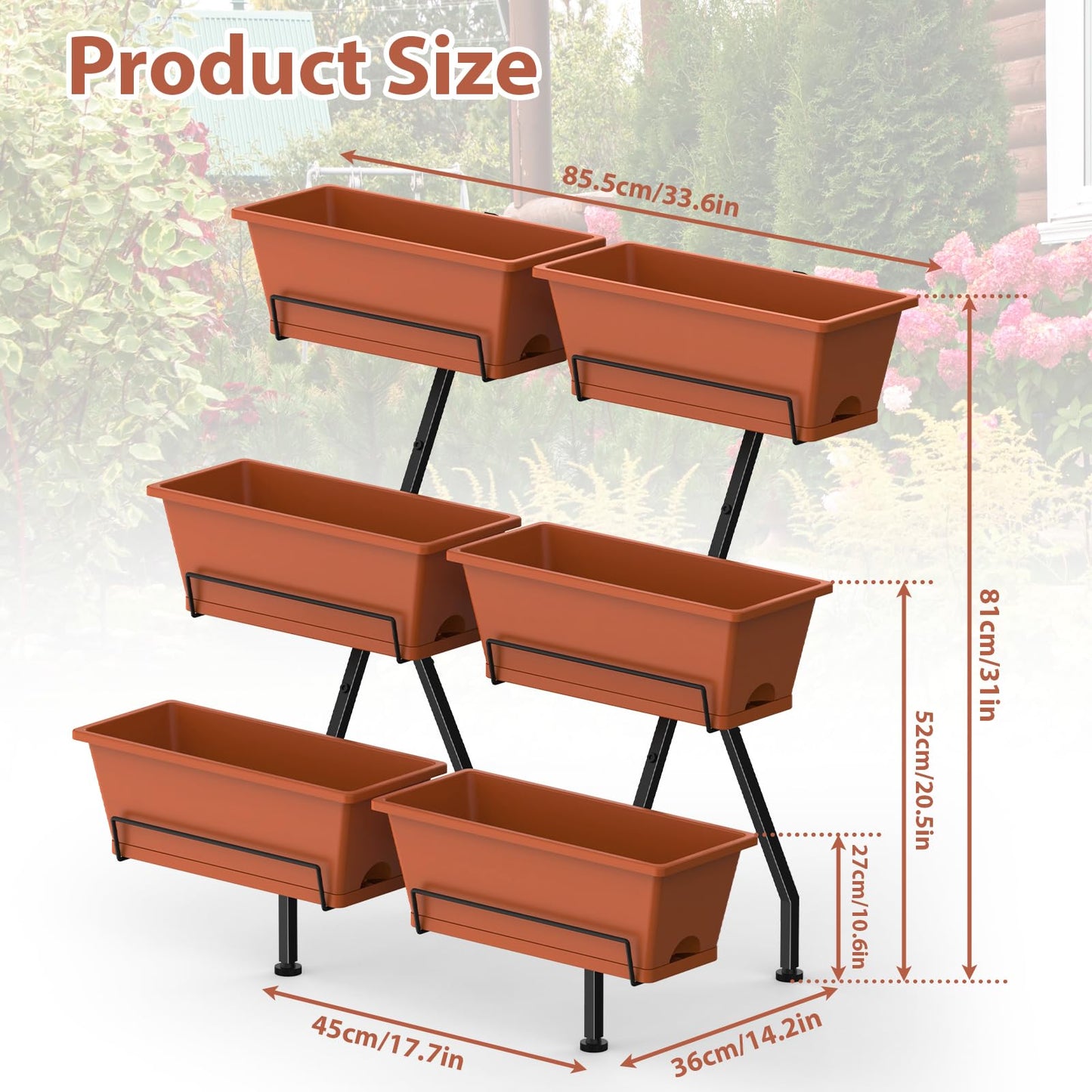 Sunexinlo 3-Tier Vertical Garden Planter with 6 Boxes, 31" Tall Raised Garden Bed with Adjustable Feet for Herbs, Flowers, Vegetables, Ideal for Indoor, Outdoor, Patio, Balcony, Deck Use, Brick Red