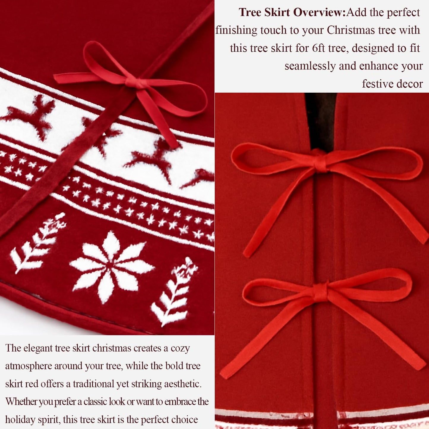Lizuart Christmas Tree Skirt 48 Inches | Red Xmas Tree Skirt with Rustic Snowflake & Reindeer Pattern, Fits 5 to 7 Foot Trees, Perfect Christmas Decorations for Holiday Trees.