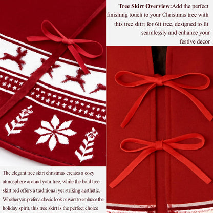 Lizuart Christmas Tree Skirt 48 Inches | Red Xmas Tree Skirt with Rustic Snowflake & Reindeer Pattern, Fits 5 to 7 Foot Trees, Perfect Christmas Decorations for Holiday Trees.