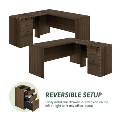 Furinno Roger 60 Inch L-Shaped Executive Desk with File Cabinet, L-Shaped Office Desk with 3-Drawer Fixed Pedestal Filing Cabinet, Desk Cord Grommet, for Home Office, Modern Walnut