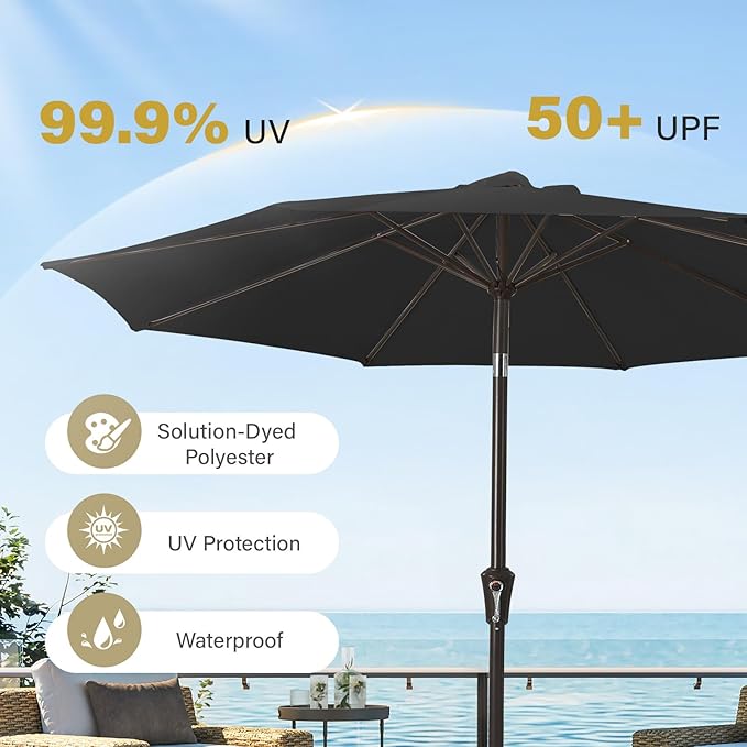 MEWAY 9ft Patio Umbrella Outdoor Table Umbrellas with Push Button Tilt and Crank, Market Umbrella 8 Sturdy Ribs for Deck, Garden, Pool and Backyard, Black