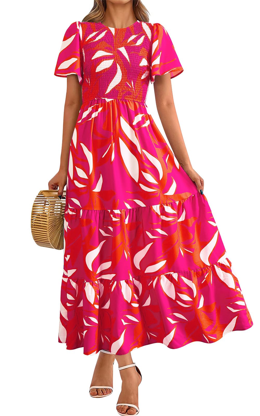 PRETTYGARDEN Women's 2025 Summer Casual Flutter Short Sleeve Boho Floral Maxi Dress Crew Neck Smocked Tiered Long Dresses