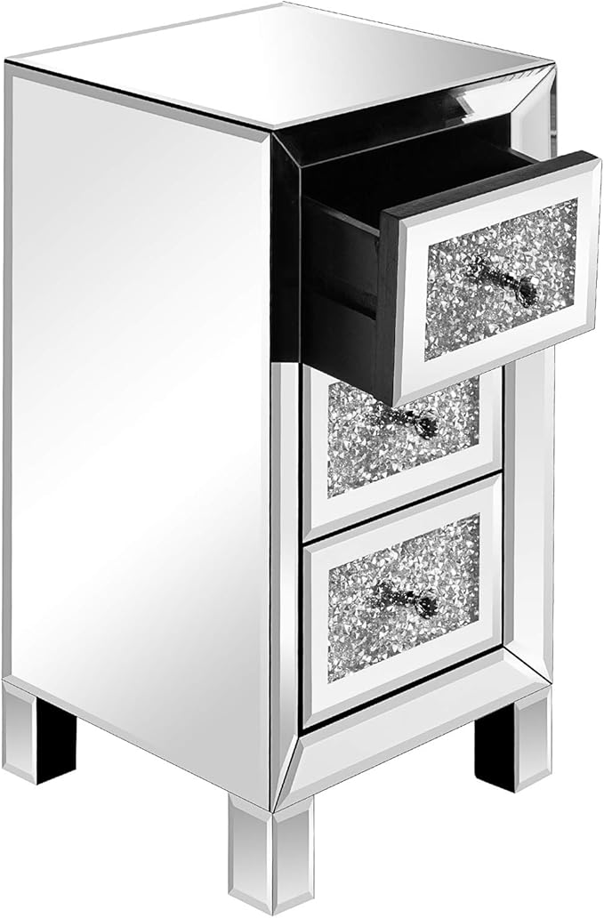 VINGLI 3-Drawer Mirrored Nightstand Bedside Table Glass Accent End Table
