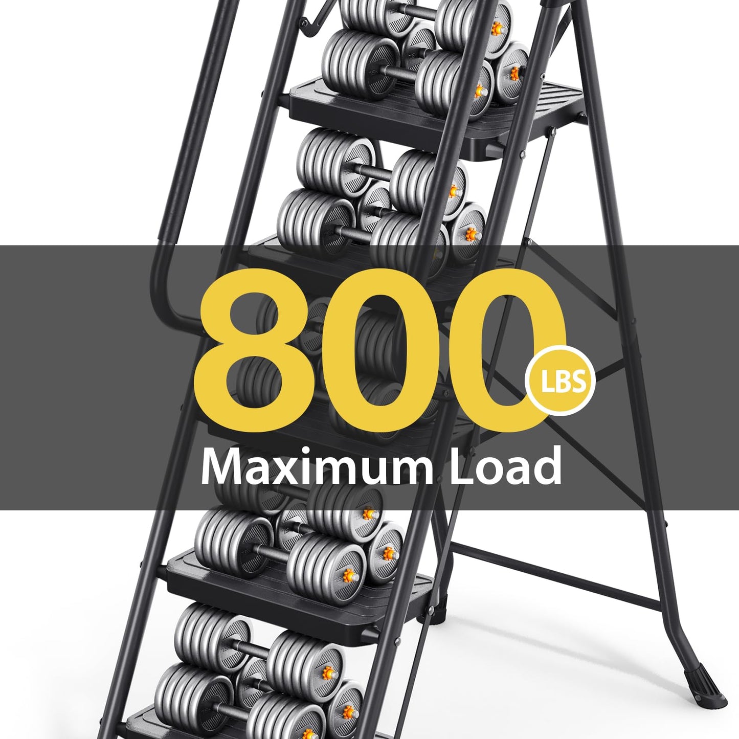 KINGRACK 5 Step Ladder, Sturdy Steel Step Stool with Anti-Slip Wide Pedals, Handrail, Safe-Lock Design, Pass 800lbs Load Testing, Folding Portable Ladder for Multi-Purpose, Home, Kitchen, Black