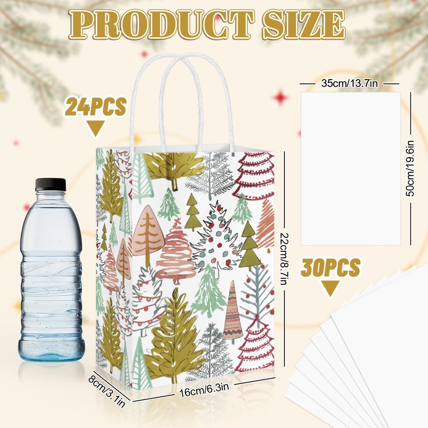 JarThenaAMCS 24 Pcs Christmas Boho Paper Gift Bags with Tissue Paper Xmas Pine Tree Party Favor Bags with Handle Winter Goodie Candy Treat Bags Medium Size Bulk Bags for Wedding Birthday Holiday