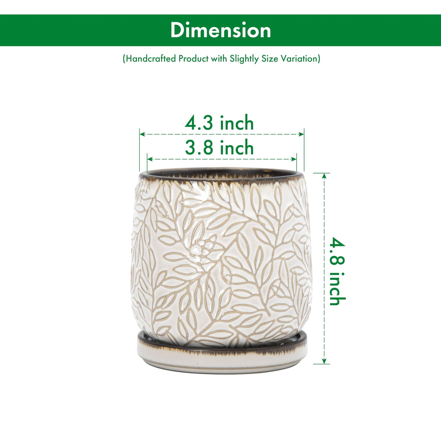 D'vine Dev 4 Inch Embossed Leaves Stoneware Planter Pot with Drainage Hole and Saucer, Smoked White, Set of 2, 27-F-Z-1
