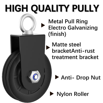BESTEEL 4 Pack 90mm Cable Pulley Wheel Nylon Pulleys Rotation 360 Degree Traction Wheel Detachable With Strap & Carabiner,Silent Bearing for Home Weight Lifting Gym Pulley Replacement System Equipment