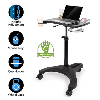EHO Mobile Laptop Standing Desk Carts on Wheels with Stationery Storage, Pneumatic, Height Adjustable Rolling Stand, Sit to Stand Computer Cart, Workstation for Home, Office, Medical and School