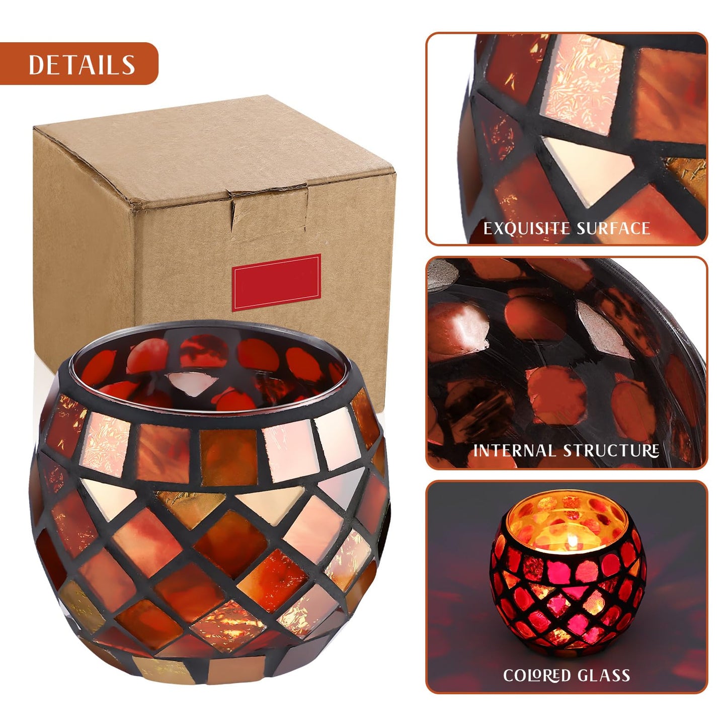 Ipetboom Glass Votive Candle Holder - Christmas Candle Holders Red Mosaic Tealight Candlestick Xmas Dining Table Centerpieces for Home Wedding Decorations Romantic Decor Party Ornament - 3.34x2.75in