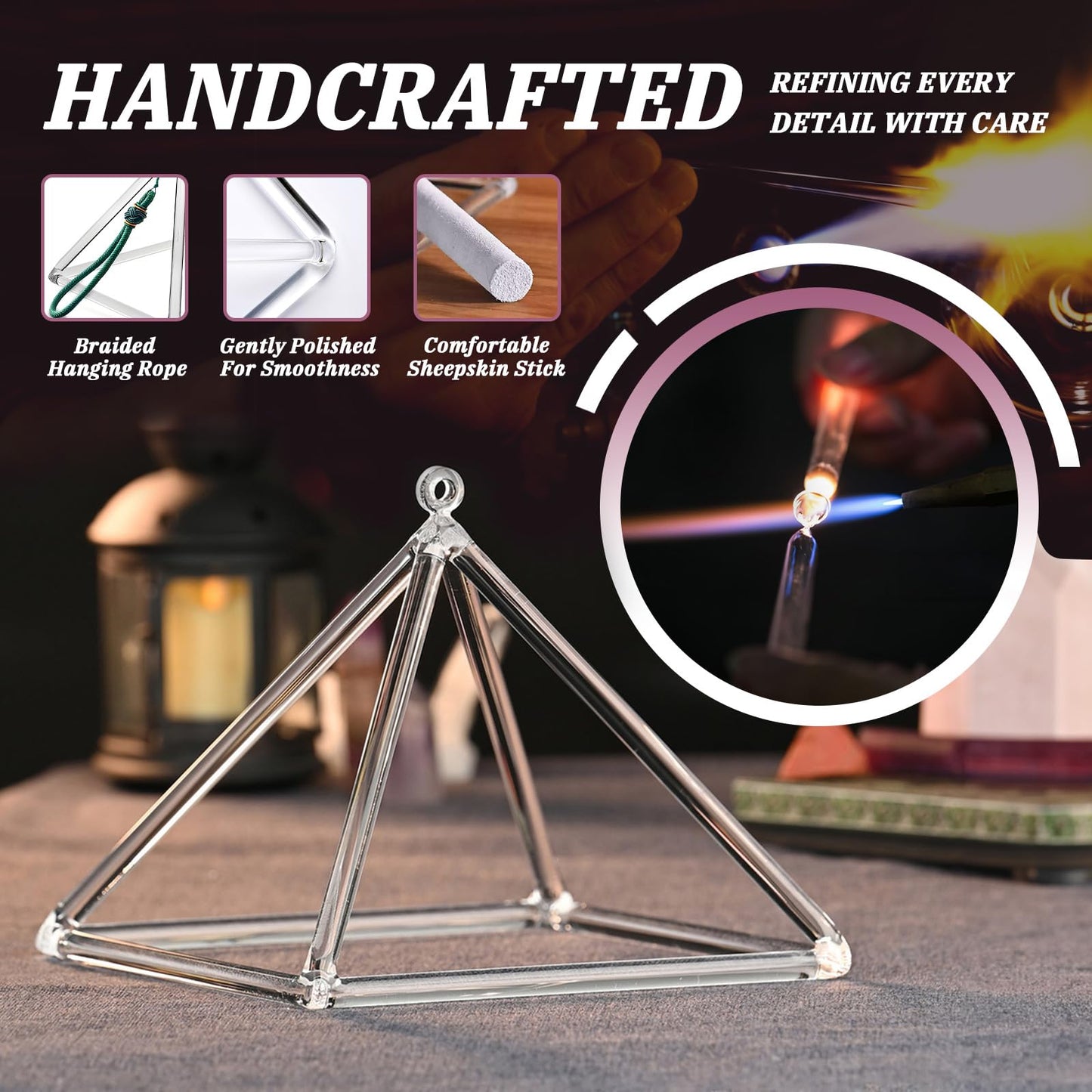 WENSYING Crystal Meditation Pyramid 8 Inch Singing Bowls Crystal Musical Instrument Geometric Tripod Yoga Meditation Wind Chime Percussion Instrument With Percussion Stick