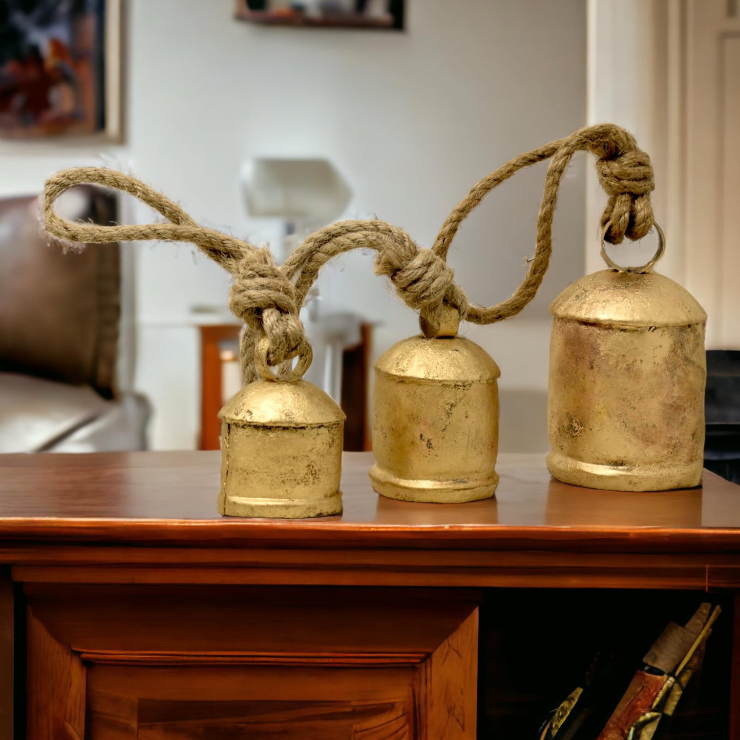 Christmas Bells Decor, Gold Hanging Bells for Christmas Decoration, Cow Bells Christmas Decor for Mantle, Set of 3 Rustic Shabby Chic Bells, Harmony farmghouse Bells.